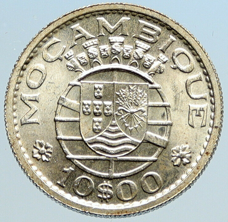 1966 PORTUGAL Colony of MOZAMBIQUE OLD Vintage Silver 10 Escudos Coin i96875