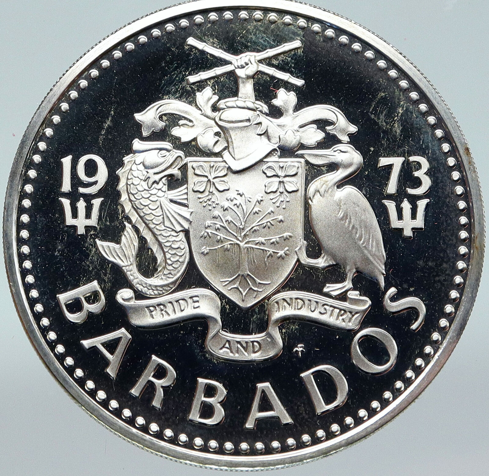 1973 BARBADOS Trafalgar Fountain Arms VINTAGE PROOF Silver 5 Dollars Coin i87086