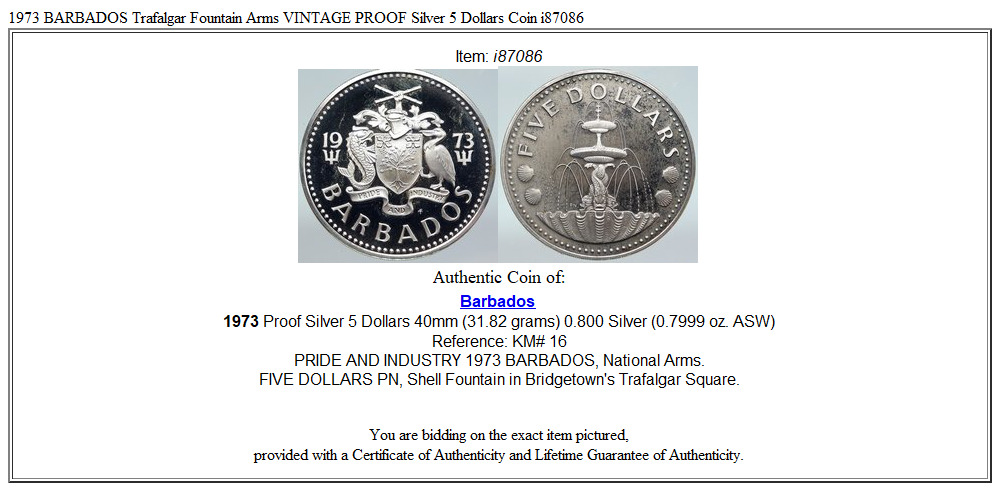 1973 BARBADOS Trafalgar Fountain Arms VINTAGE PROOF Silver 5 Dollars Coin i87086