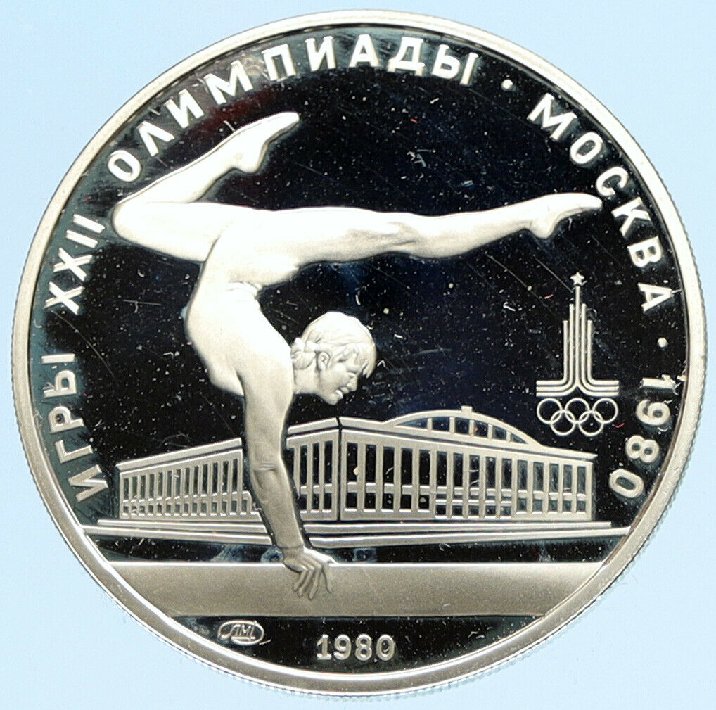 1980 MOSCOW Russia Olympics VINTAGE GYMNASTICS Proof Silver 5 Rouble Coin i96341