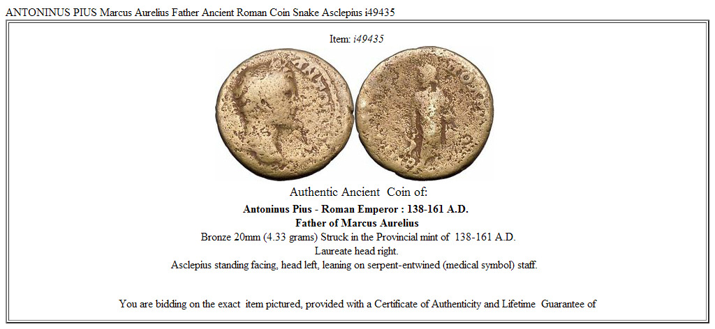 ANTONINUS PIUS Marcus Aurelius Father Ancient Roman Coin Snake Asclepius i49435