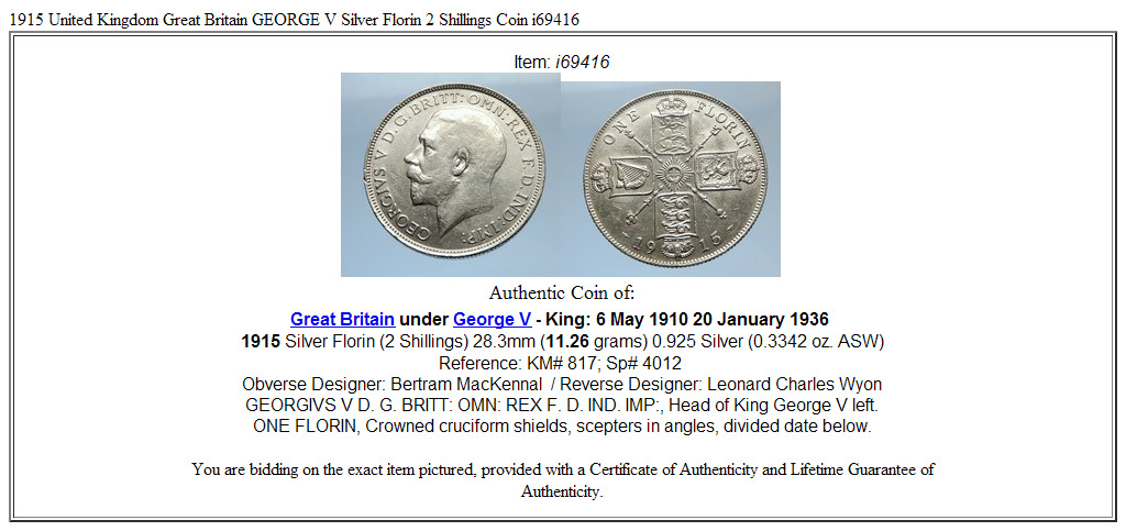 1915 United Kingdom Great Britain GEORGE V Silver Florin 2 Shillings Coin i69416