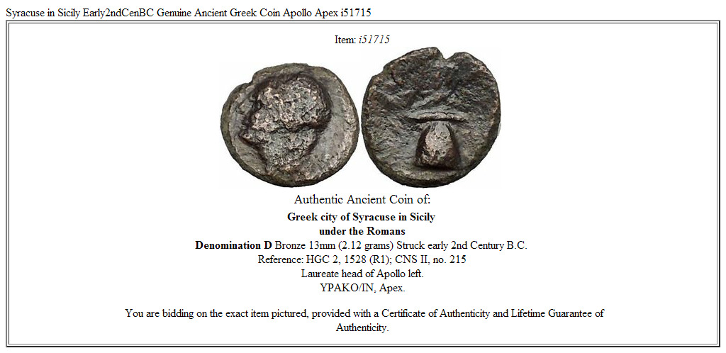 Syracuse in Sicily Early2ndCenBC Genuine Ancient Greek Coin Apollo Apex i51715