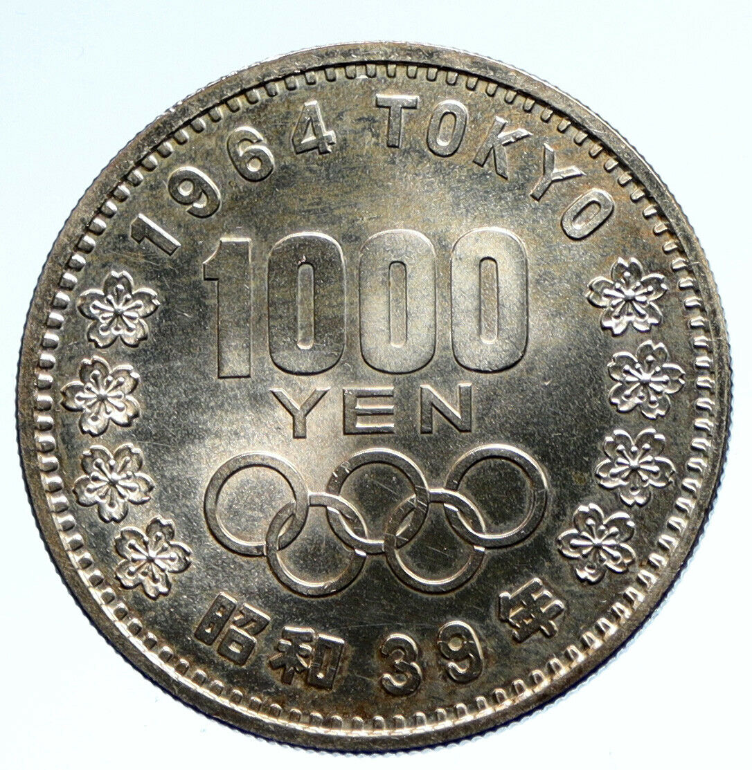 1964 JAPAN Tokyo Summer Olympic Games CHERRY MT FUJI Silver 1000Y Coin i95739