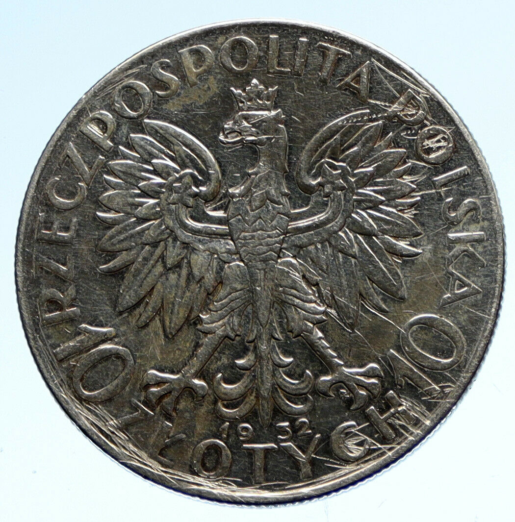 1932 POLAND Queen Jadwiga & Eagle Polish Antique Silver 10 Zlotych Coin i95733