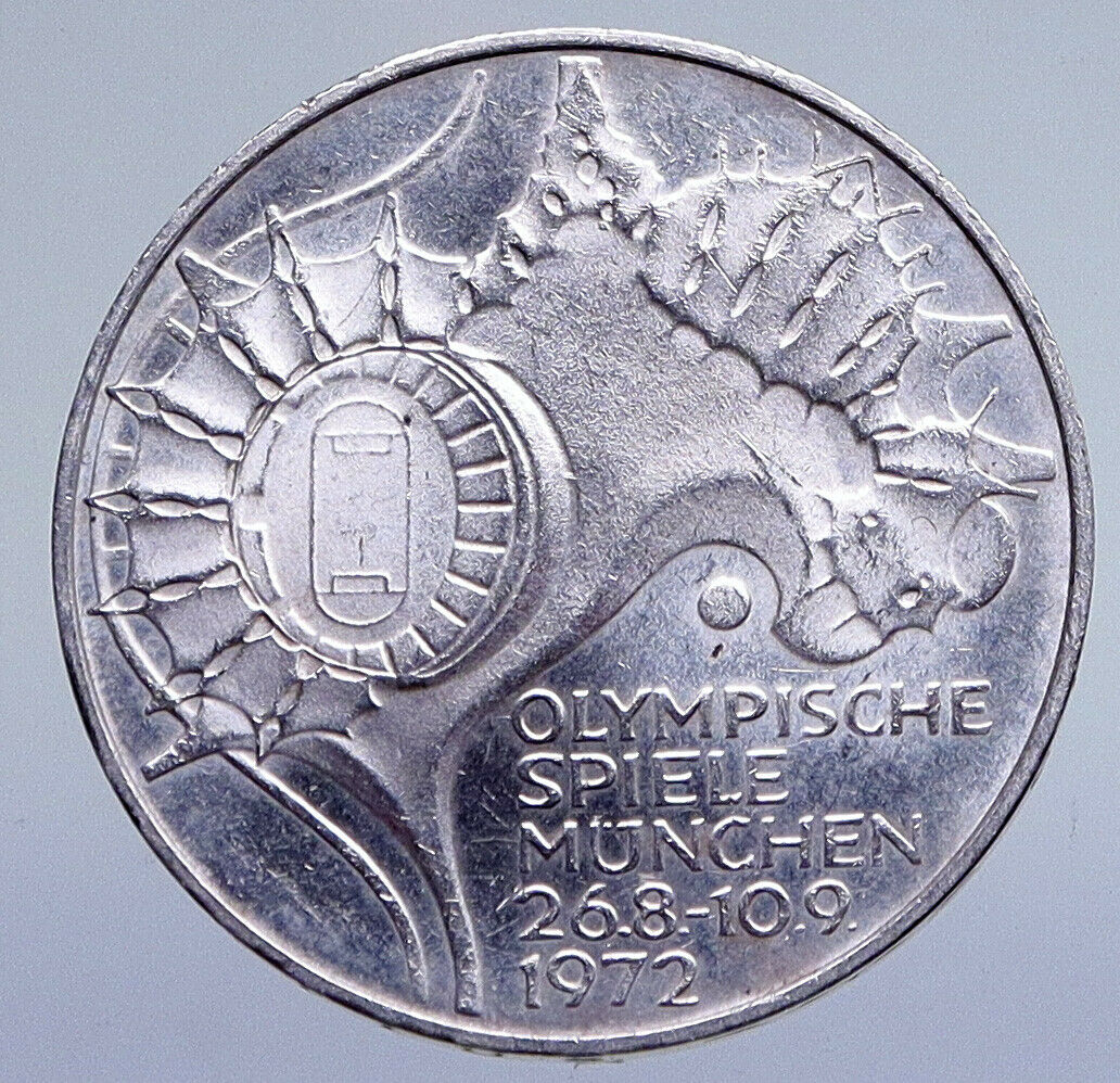 1972 F GERMANY Munich Summer Olympics Games Schleife 10 Mark Silver Coin i94856