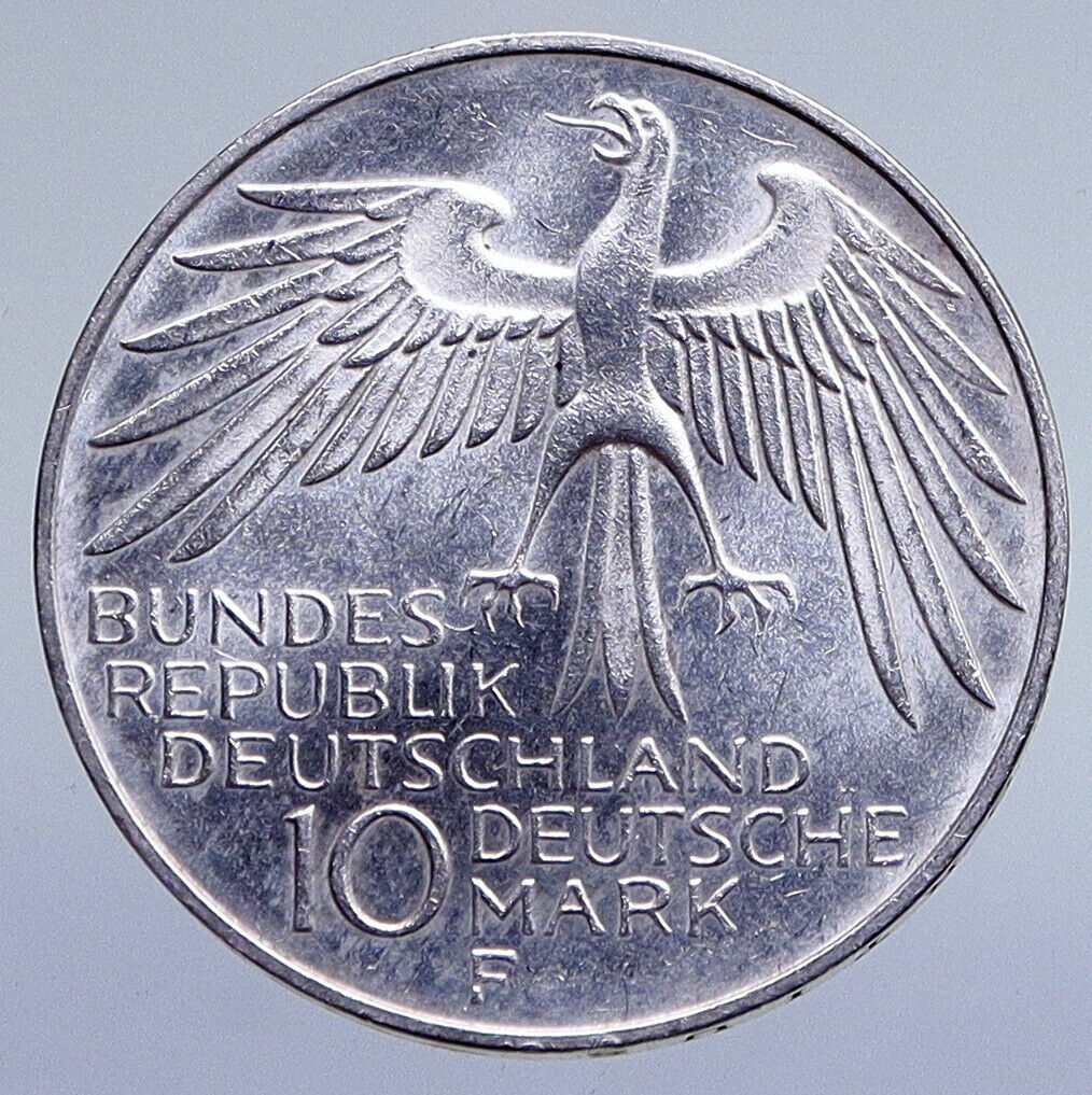 1972 F GERMANY Munich Summer Olympics Games Schleife 10 Mark Silver Coin i94856