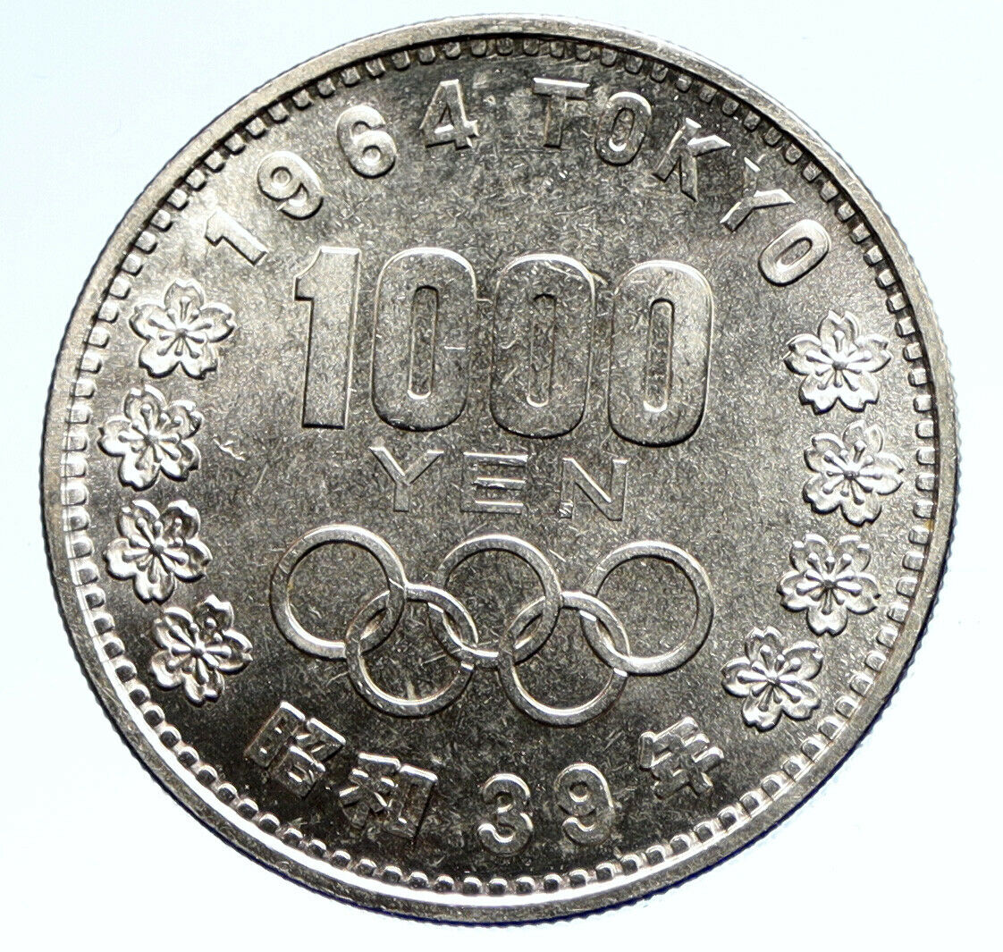 1964 JAPAN Tokyo Summer Olympic Games CHERRY MT FUJI Silver 1000Y Coin i95740