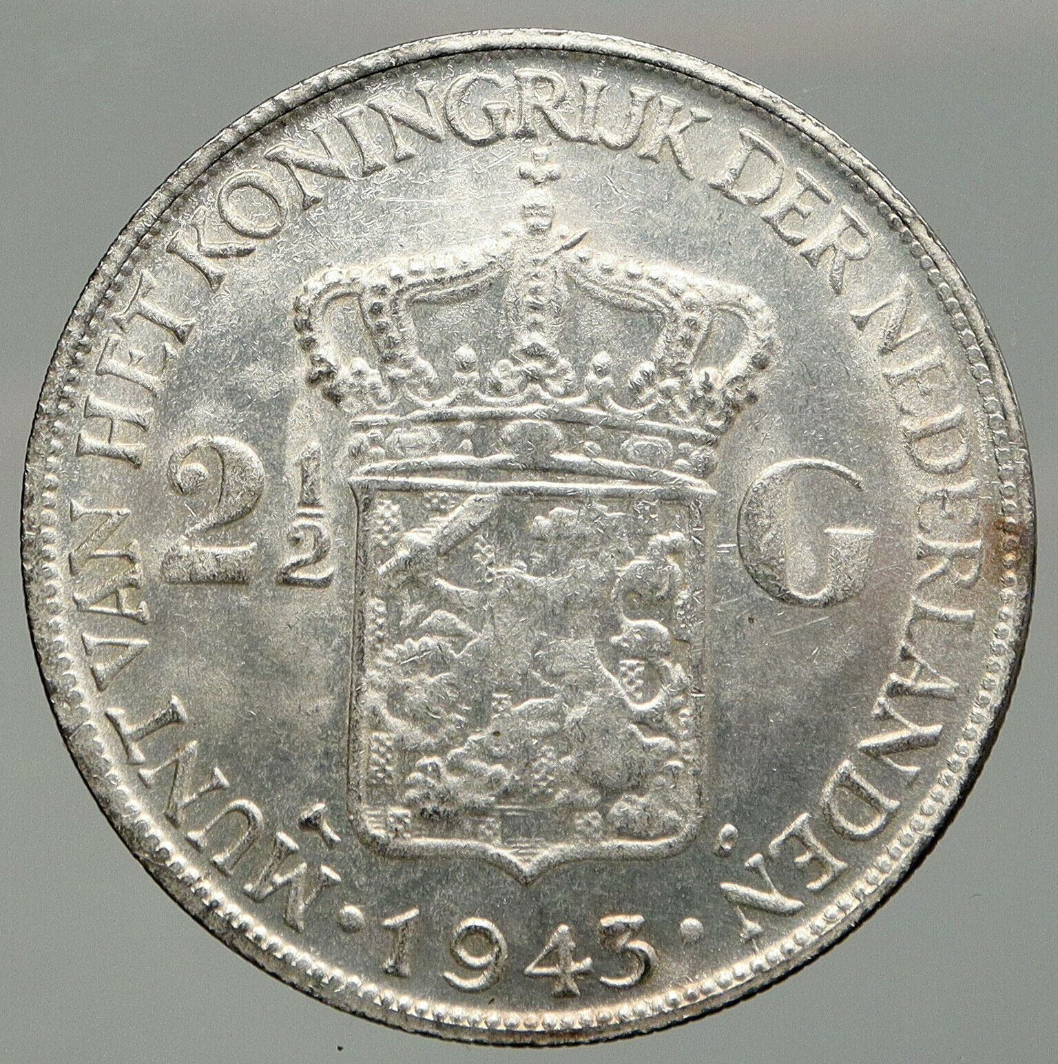 1943 NETHERLANDS Kingdom QUEEN WILHELMINA Old Silver 2 1/2 Gulden Coin i92532