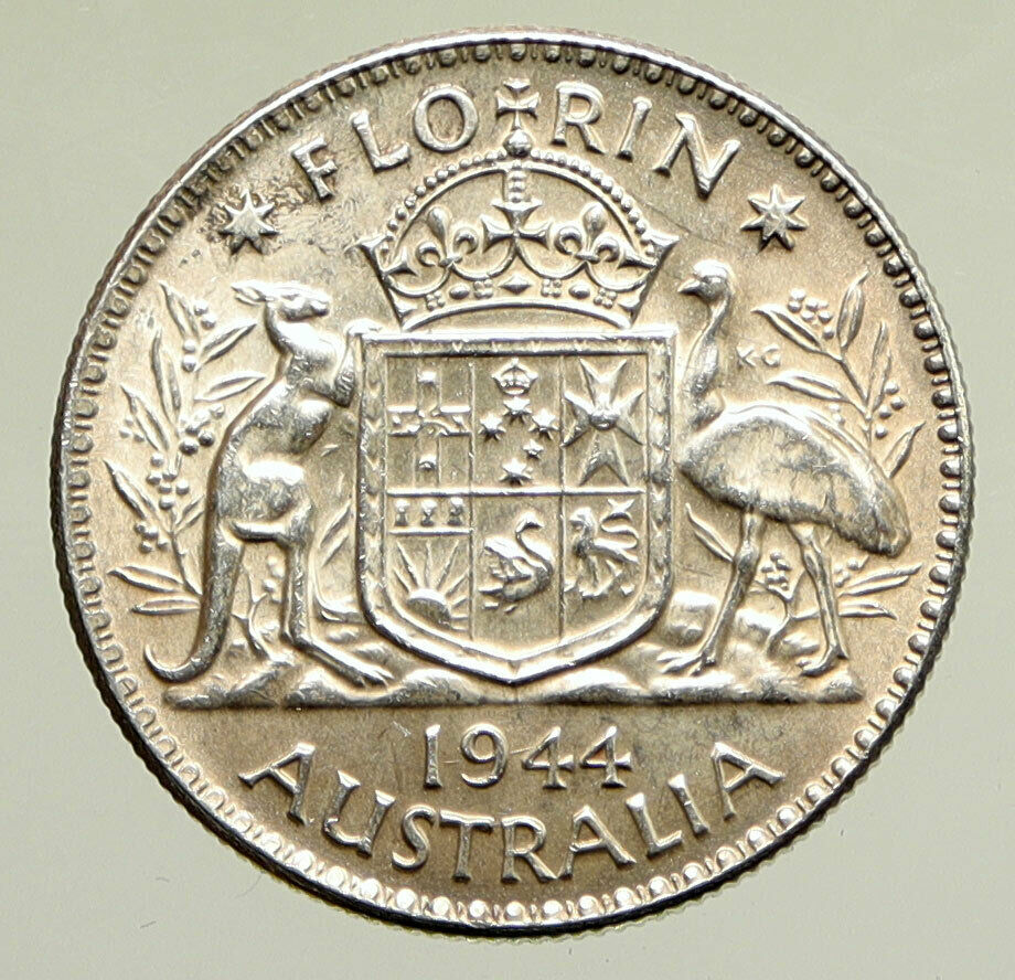 1944 AUSTRALIA King George VI Kangaroos VINTAGE Large Silver Florin Coin i95205