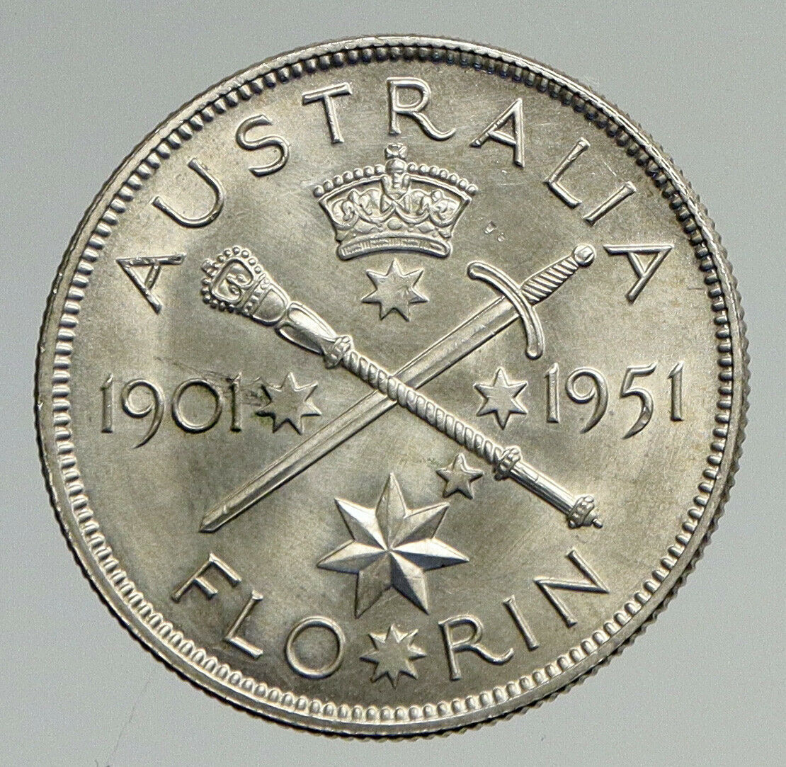 1951 AUSTRALIA King George VI 50th Anniv LARGE Genuine Silver Florin Coin i94592