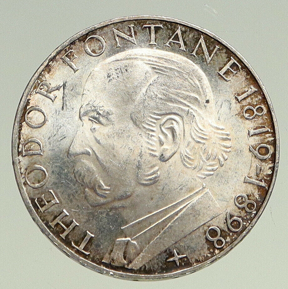 1969 G GERMANY Theodore Fontane Antique VINTAGE Proof Silver 5 Mark Coin i94493