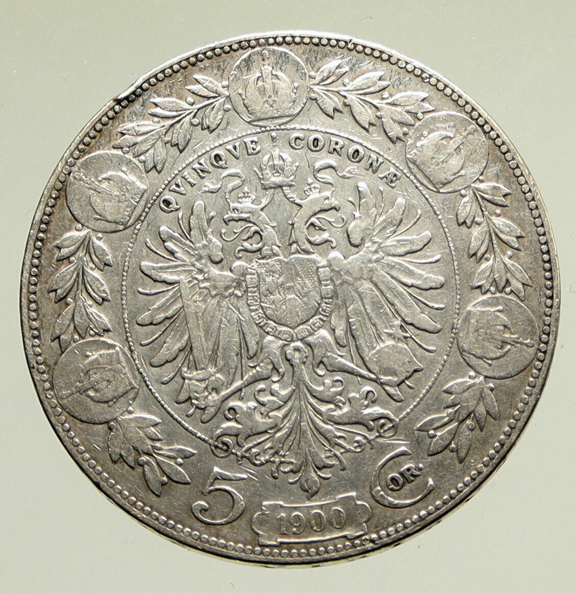 1900 AUSTRIA w KING FRANZ JOSEPH I Eagle OLD ANTIQUE Silver 5 Corona Coin i95230