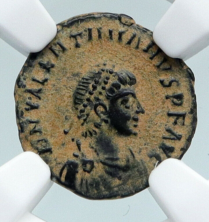 VALENTINIAN II Ancient 388AD Antioch Roman Coin VICTORY ANGEL CROSS NGC i89530