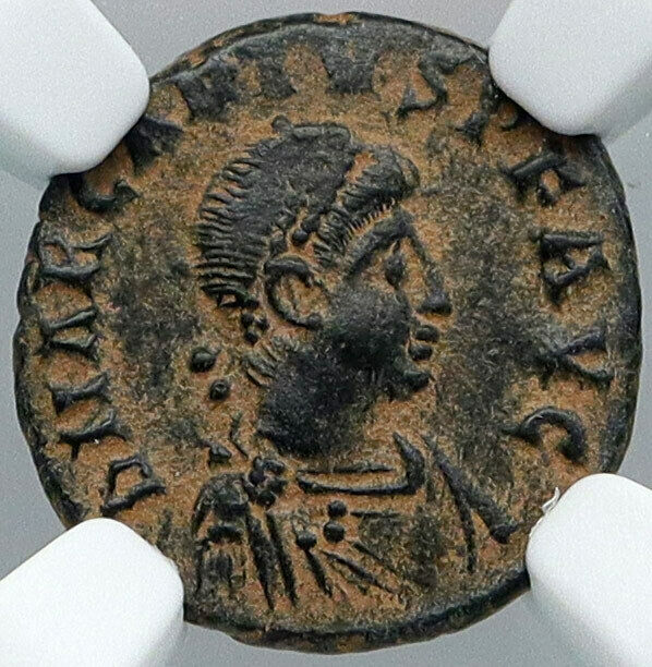 ARCADIUS Authentic 383AD Ancient Roman Coin VICTORY ANGEL Staurogram NGC i88728