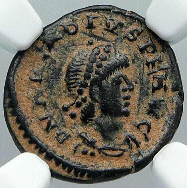 ARCADIUS Authentic 383AD Ancient Roman Coin VICTORY ANGEL Staurogram NGC i88729