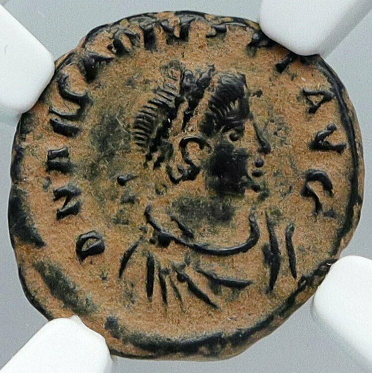 ARCADIUS Authentic 383AD Ancient Roman Coin VICTORY ANGEL Staurogram NGC i88727