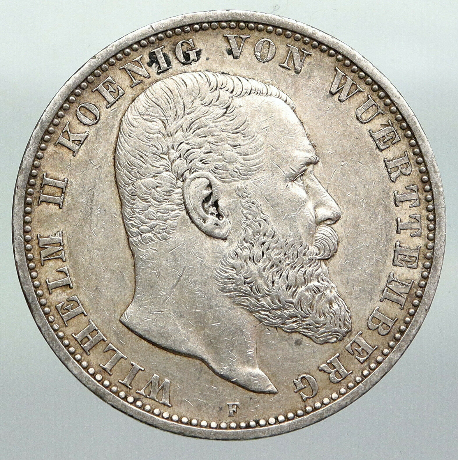 1908F Germany GERMAN STATES Wurttemberg WILHELM II Antique Silver 5M Coin i92264