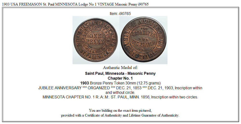 1903 USA FREEMASON St. Paul MINNESOTA Lodge No 1 VINTAGE Masonic Penny i90765