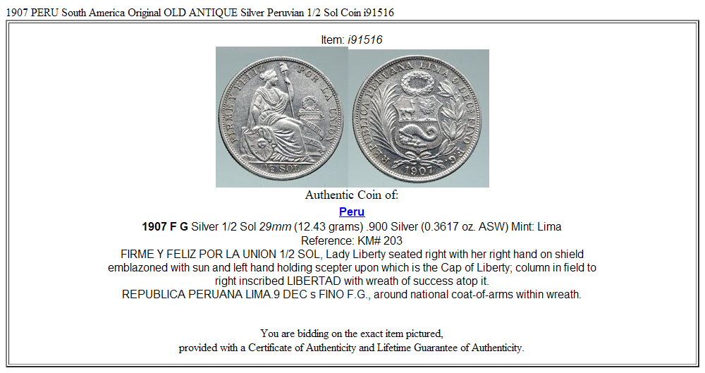 1907 PERU South America Original OLD ANTIQUE Silver Peruvian 1/2 Sol Coin i91516