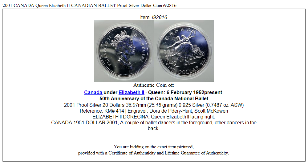 2001 CANADA Queen Elizabeth II CANADIAN BALLET Proof Silver Dollar Coin i92816