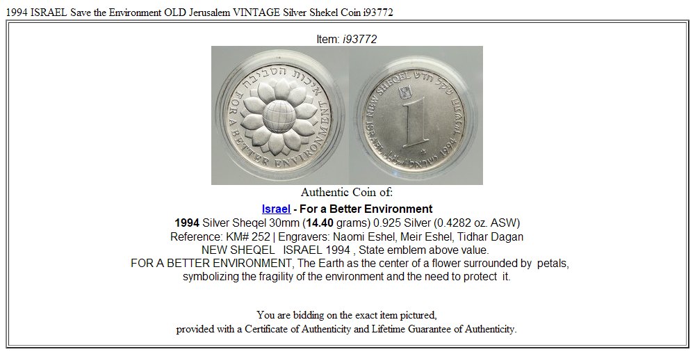 1994 ISRAEL Save the Environment OLD Jerusalem VINTAGE Silver Shekel Coin i93772