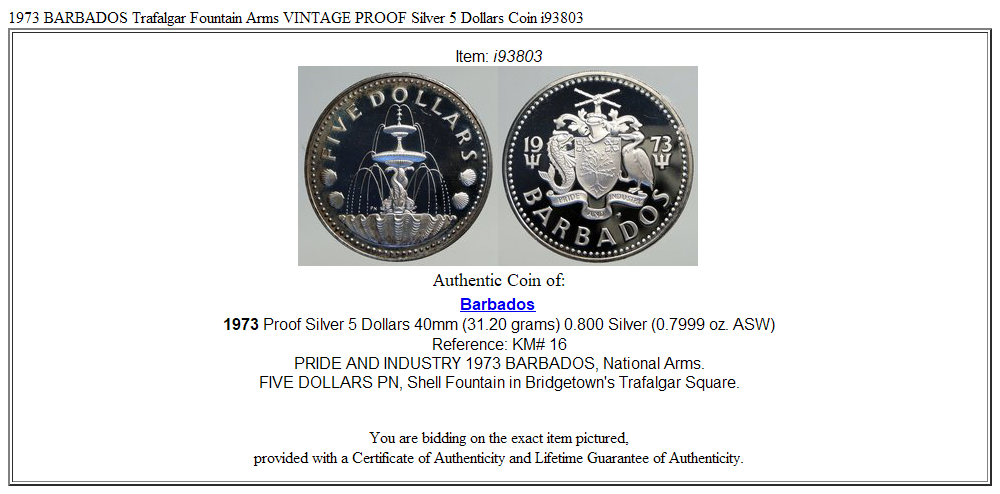 1973 BARBADOS Trafalgar Fountain Arms VINTAGE PROOF Silver 5 Dollars Coin i93803