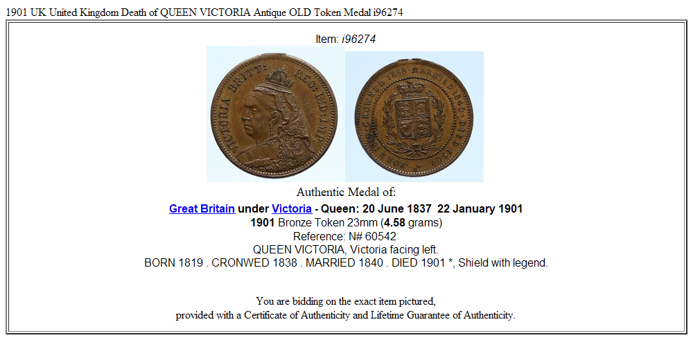 1901 UK United Kingdom Death of QUEEN VICTORIA Antique OLD Token Medal i96274