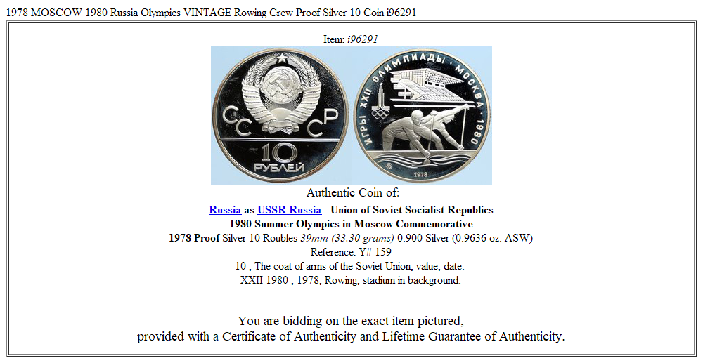 1978 MOSCOW 1980 Russia Olympics VINTAGE Rowing Crew Proof Silver 10 Coin i96291