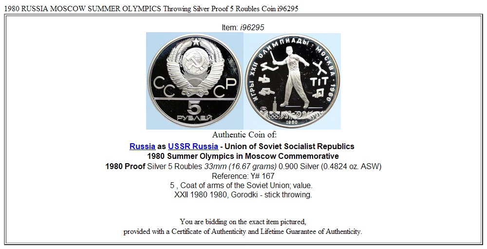 1980 RUSSIA MOSCOW SUMMER OLYMPICS Throwing Silver Proof 5 Roubles Coin i96295