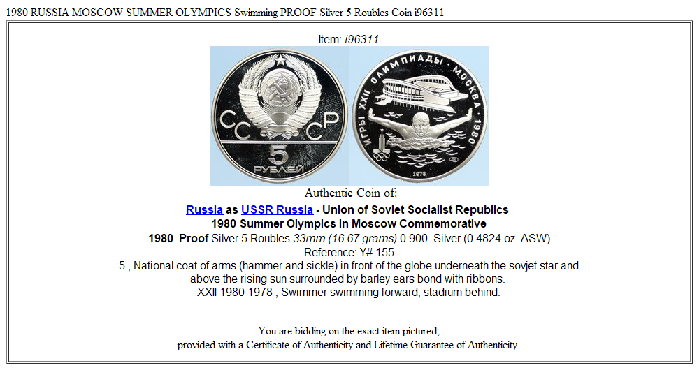 1980 RUSSIA MOSCOW SUMMER OLYMPICS Swimming PROOF Silver 5 Roubles Coin i96311