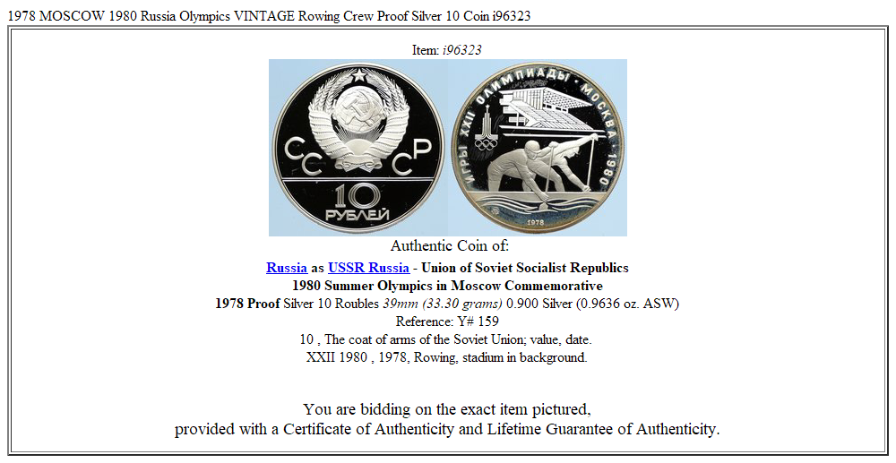 1978 MOSCOW 1980 Russia Olympics VINTAGE Rowing Crew Proof Silver 10 Coin i96323