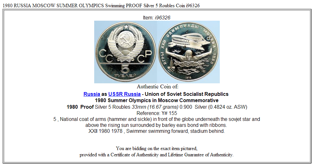 1980 RUSSIA MOSCOW SUMMER OLYMPICS Swimming PROOF Silver 5 Roubles Coin i96326