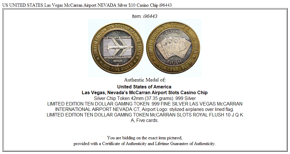 US UNITED STATES Las Vegas McCarran Airport NEVADA Silver $10 Casino Chip i96443