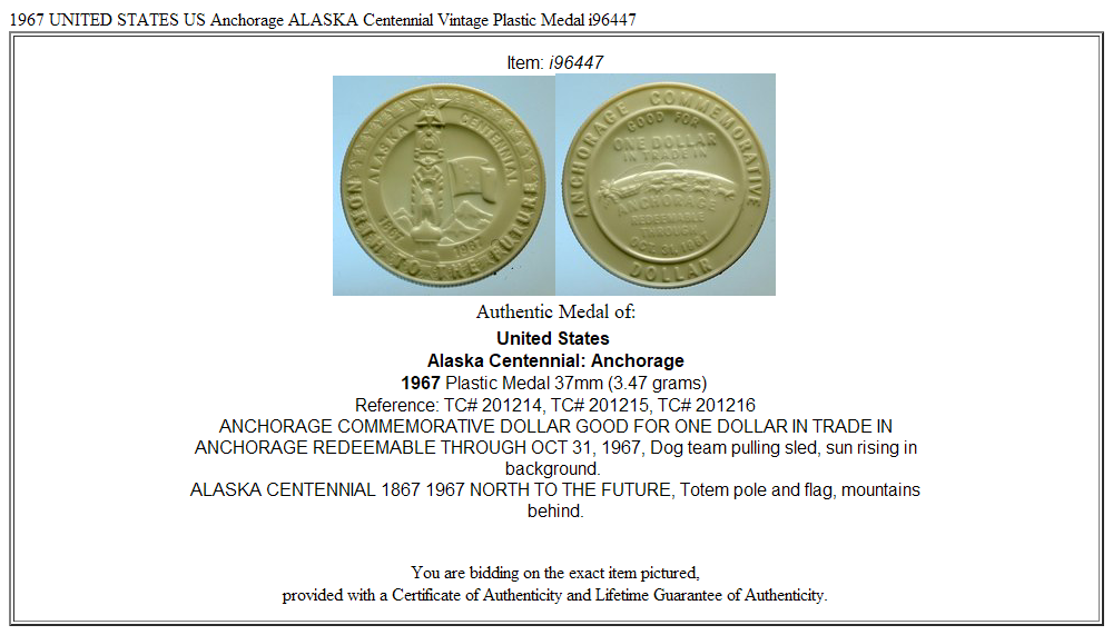 1967 UNITED STATES US Anchorage ALASKA Centennial Vintage Plastic Medal i96447