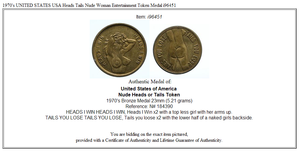 1970's UNITED STATES USA Heads Tails Nude Woman Entertainment Token Medal i96451