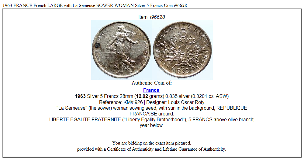 1963 FRANCE French LARGE with La Semeuse SOWER WOMAN Silver 5 Francs Coin i96628