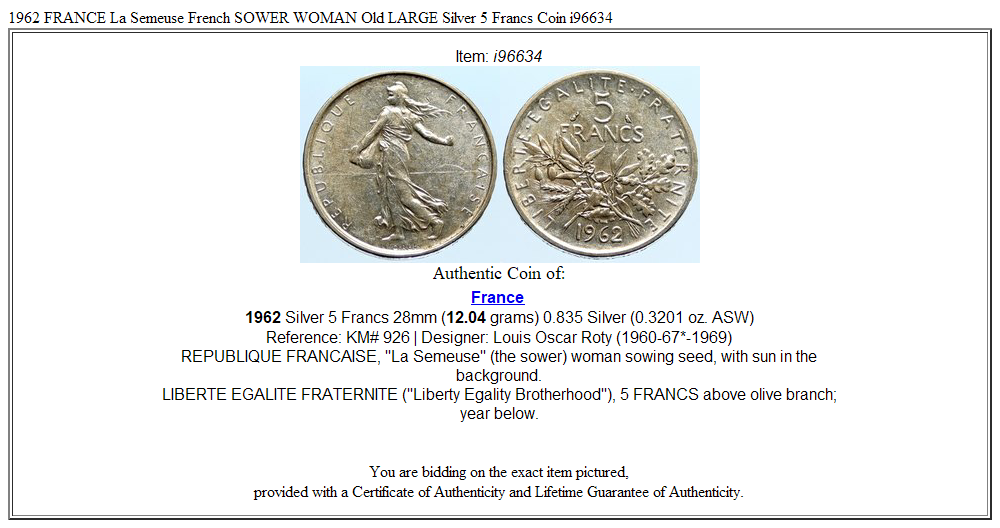 1962 FRANCE La Semeuse French SOWER WOMAN Old LARGE Silver 5 Francs Coin i96634