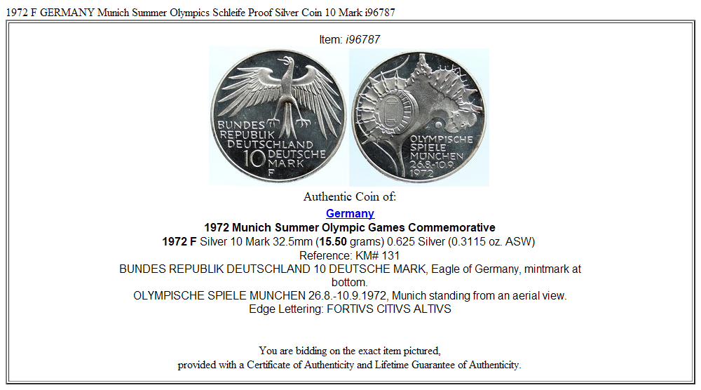 1972 F GERMANY Munich Summer Olympics Schleife Proof Silver Coin 10 Mark i96787