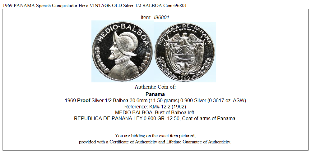 1969 PANAMA Spanish Conquistador Hero VINTAGE OLD Silver 1/2 BALBOA Coin i96801