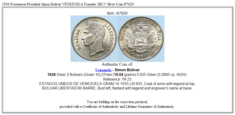 1936 Freemason President Simon Bolivar VENEZUELA Founder 2BLV Silver Coin i97629