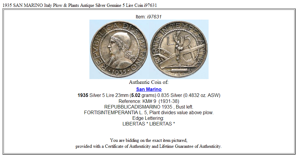 1935 SAN MARINO Italy Plow & Plants Antique Silver Genuine 5 Lire Coin i97631