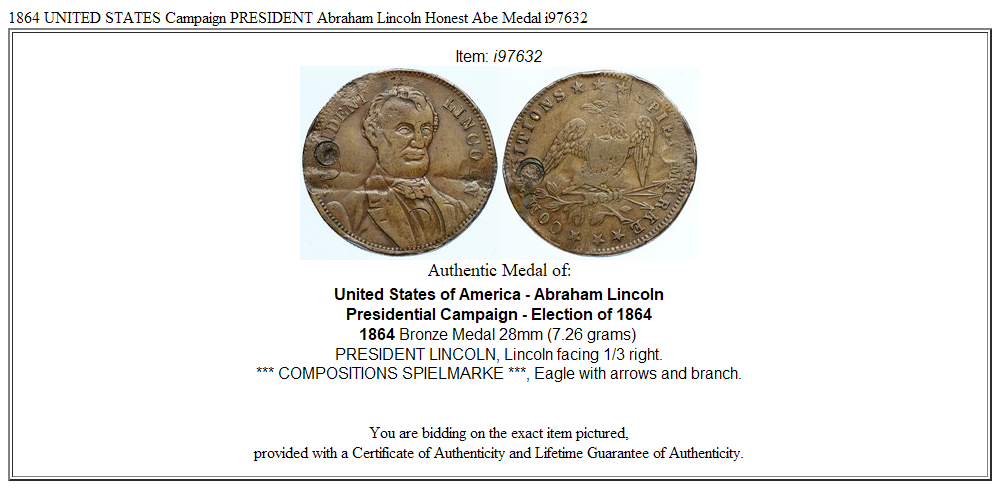 1864 UNITED STATES Campaign PRESIDENT Abraham Lincoln Honest Abe Medal i97632