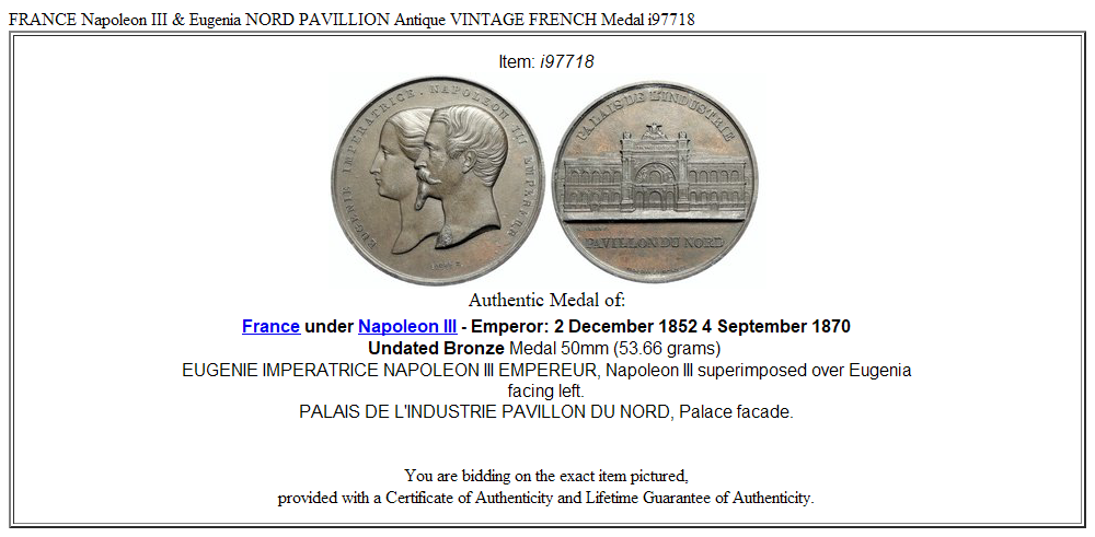 FRANCE Napoleon III & Eugenia NORD PAVILLION Antique VINTAGE FRENCH Medal i97718