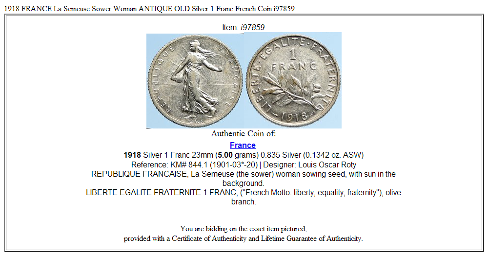 1918 FRANCE La Semeuse Sower Woman ANTIQUE OLD Silver 1 Franc French Coin i97859