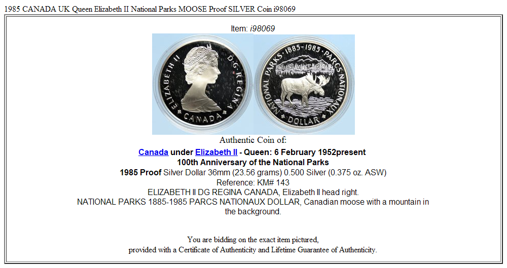 1985 CANADA UK Queen Elizabeth II National Parks MOOSE Proof SILVER Coin i98069