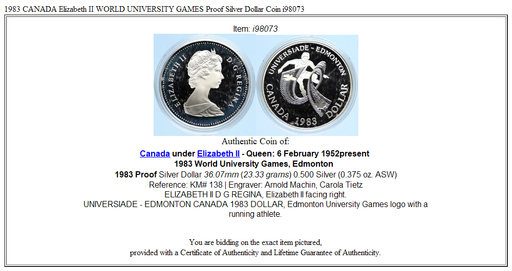 1983 CANADA Elizabeth II WORLD UNIVERSITY GAMES Proof Silver Dollar Coin i98073