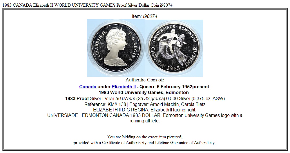 1983 CANADA Elizabeth II WORLD UNIVERSITY GAMES Proof Silver Dollar Coin i98074