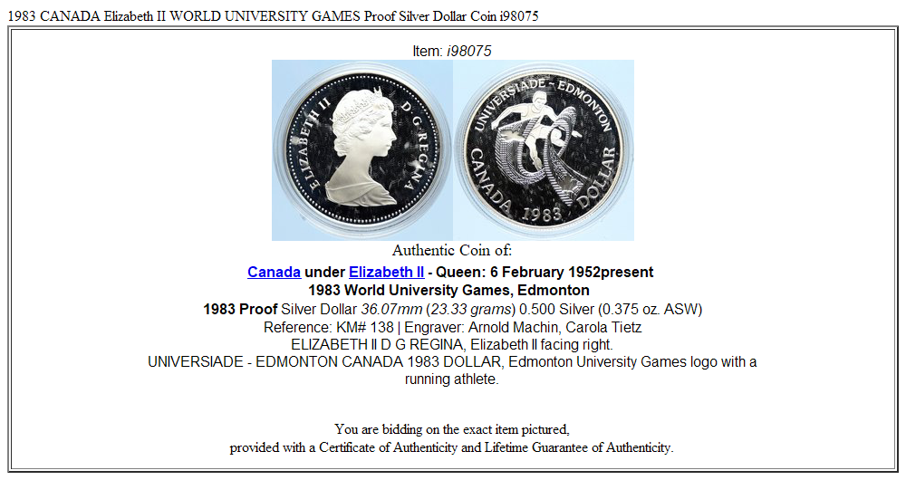 1983 CANADA Elizabeth II WORLD UNIVERSITY GAMES Proof Silver Dollar Coin i98075