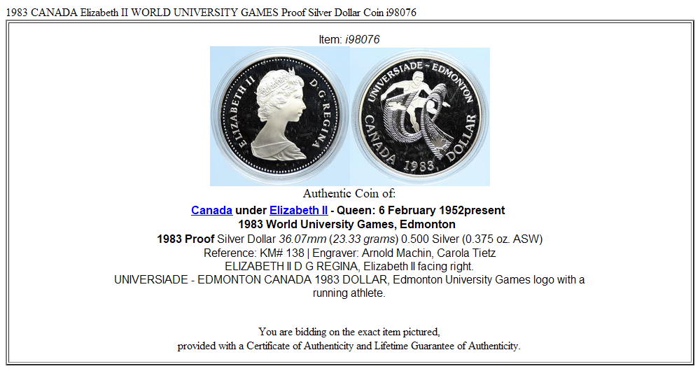 1983 CANADA Elizabeth II WORLD UNIVERSITY GAMES Proof Silver Dollar Coin i98076